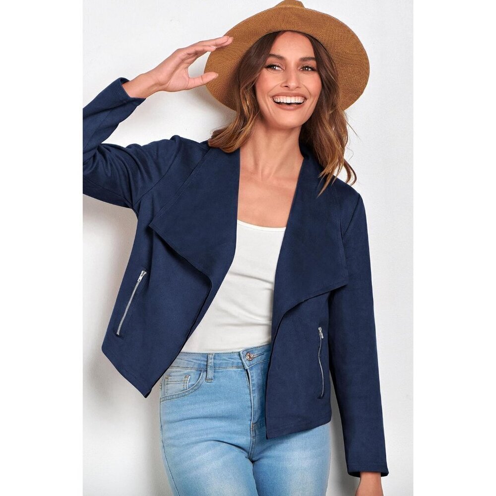 Women's Navy PRETTYGARDEN Faux Suede Jackets Fall Clothes Long Sleeve - Picture 5 of 9